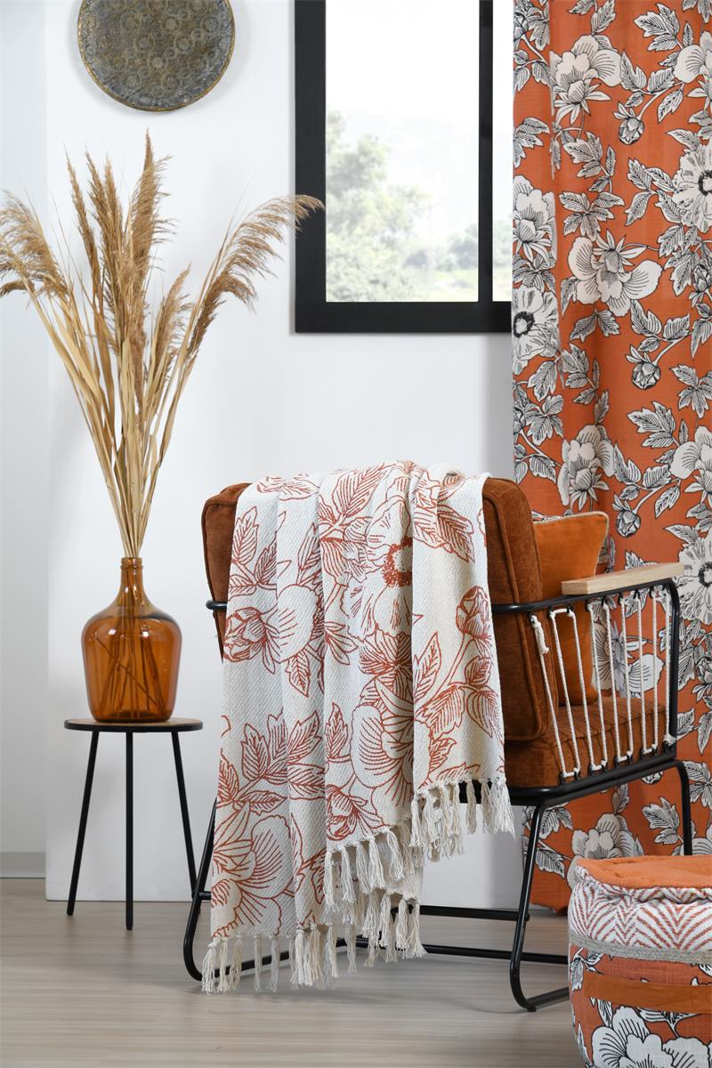 Plaid Galicia – Motif Botanique Orange sur Fond Naturel, Franges Coton 125x150 cm