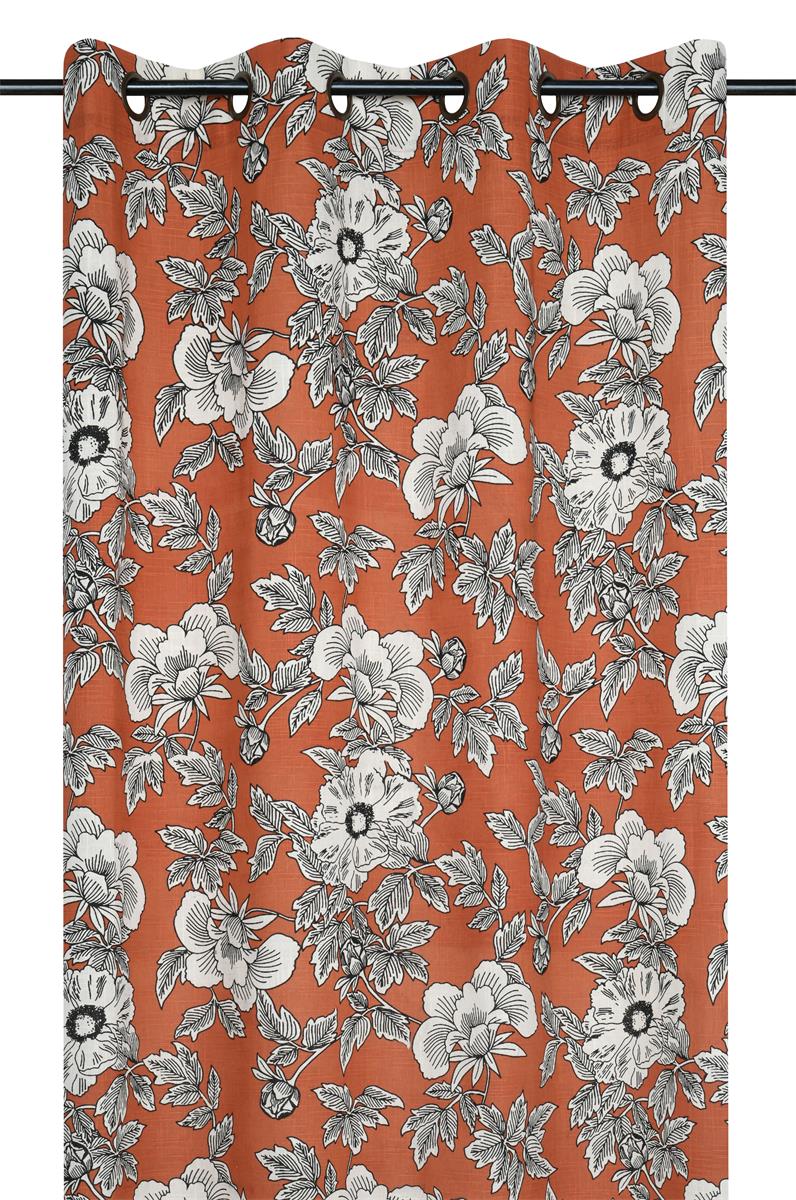Rideau Galicia – Fond Orange Motif Fleuri Noir et Blanc 140x260 cm