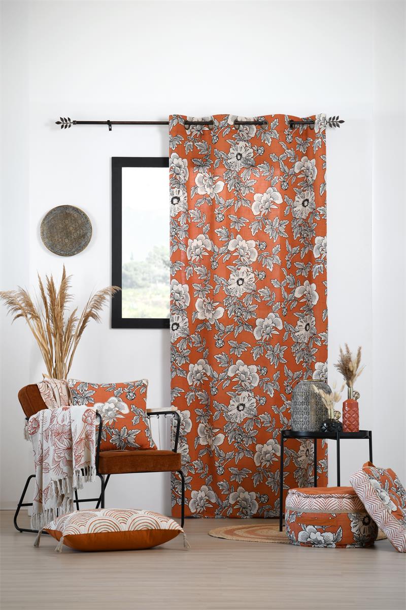 Rideau Galicia – Fond Orange Motif Fleuri Noir et Blanc 140x260 cm