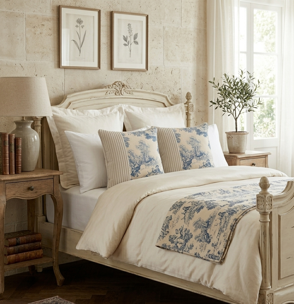 Ambiance_chambre_avec_deux_coussins_40x40_cm_en_toile_de_jouy_bleue_et_velours_cotele_beige