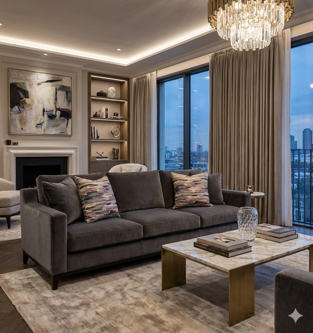 Ambiance de salon luxe avec un canapé gris en velours et 4 coussins, deux en velours griset deux en multicouleurs.