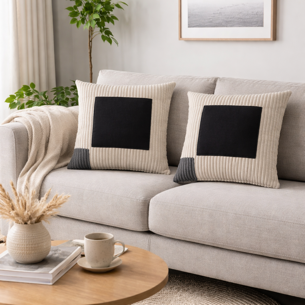 Coussin Éclipse 40x40 cm – Velours noir mat & velours côtelé écru