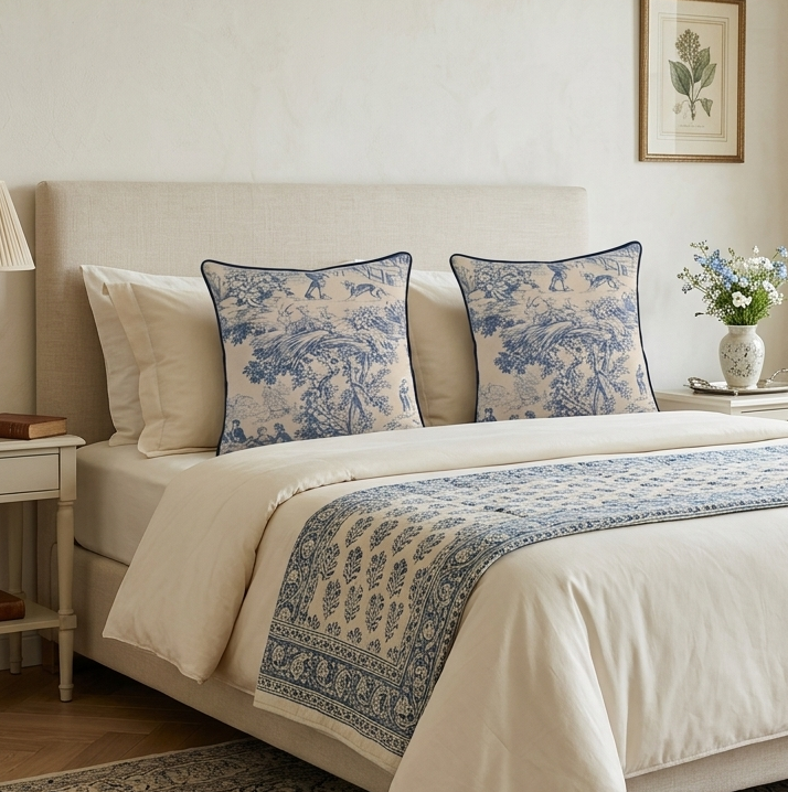 Coussin Toile de Jouy passepoilé : L'Élégance Champêtre pour Votre Salon