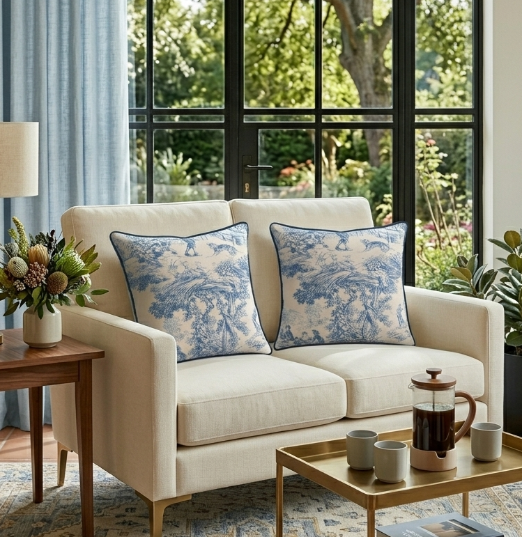 Coussin Toile de Jouy passepoilé : L'Élégance Champêtre pour Votre Salon