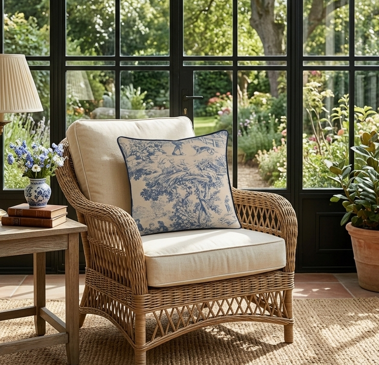 Coussin Toile de Jouy passepoilé : L'Élégance Champêtre pour Votre Salon