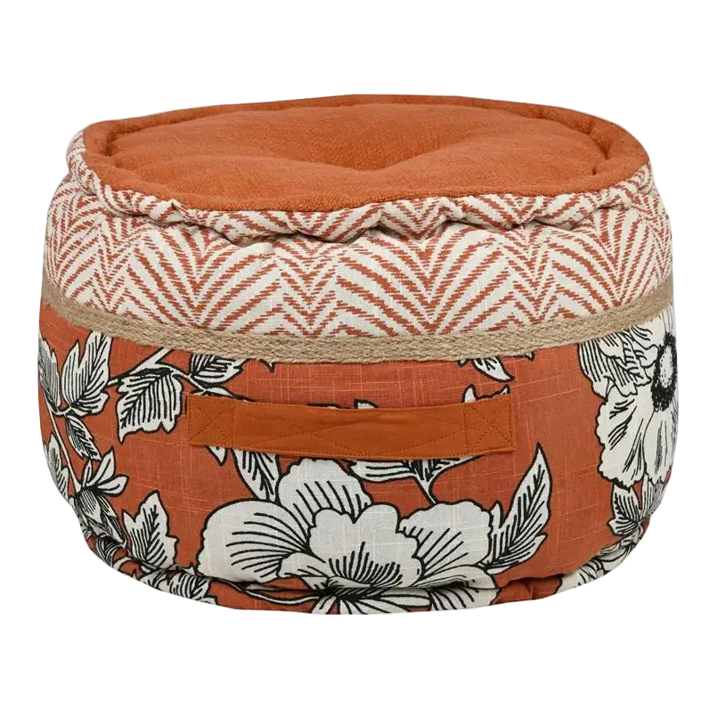 Pouf Galicia – Motif Fleuri Orange Noir et Blanc 40x30 cm