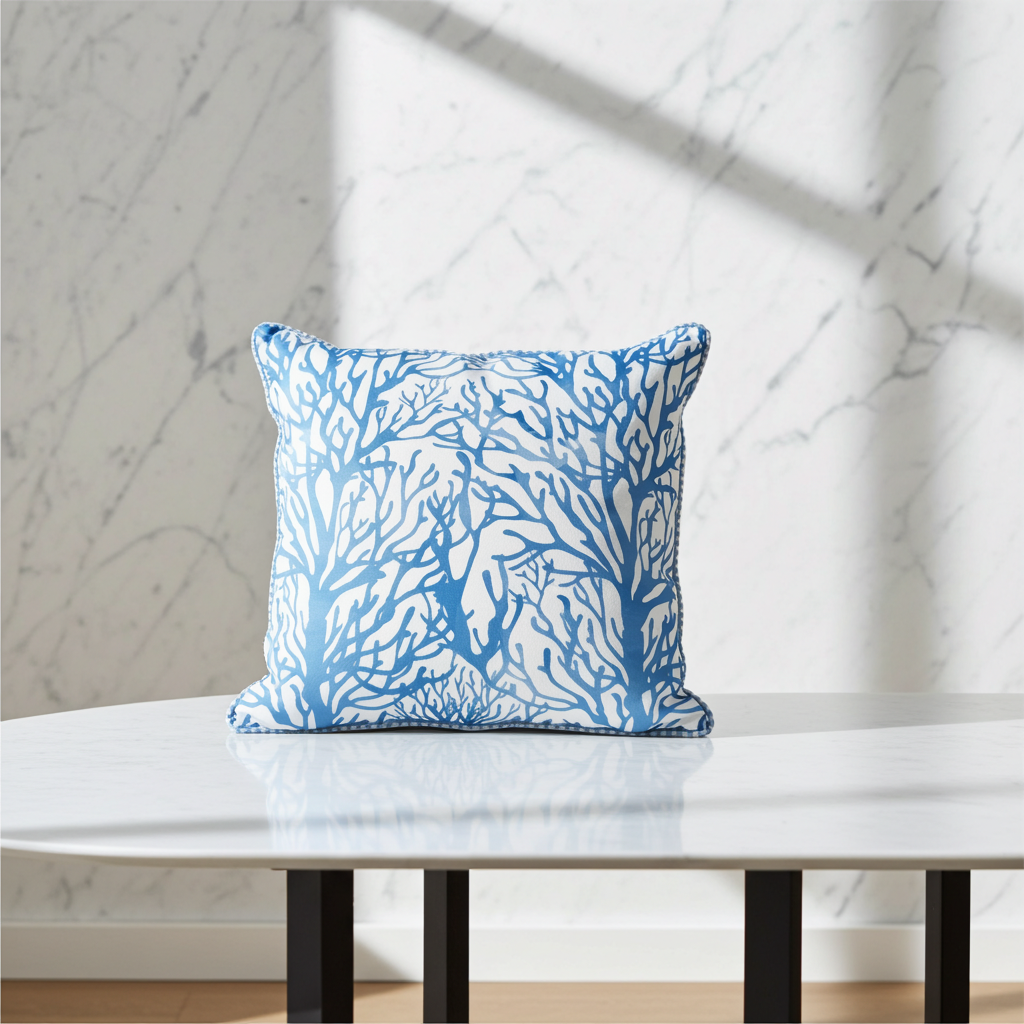 Coussin 40x40 cm "Côte Sauvage" — Motif Corail Bleu & Passepoil Vichy
